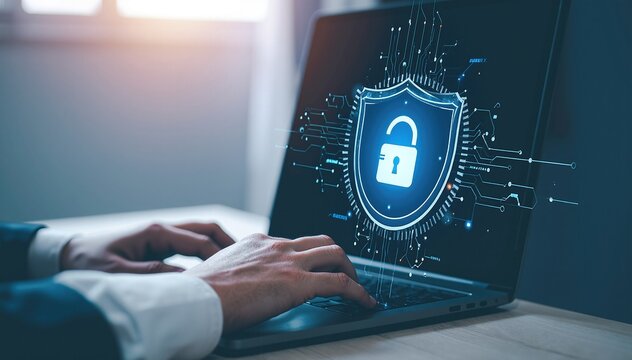 A focused individual sits at a modern desk, intently using their laptop to click on the security icon, ensuring their online safety and privacy.