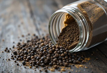Photorealistic photo of black pepper and black pepper powder inside a spice jar. Product promotional photo style, professional lighting.
