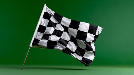 Black and white checkered flag is flying in the air. The flag is on a green background