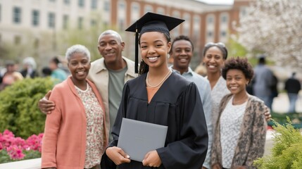 Celebratory gathering on a college campus as a recent graduate poses with her family, showcasing pride and joy during her graduation ceremony in spring