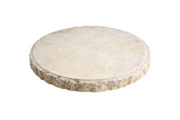 Round limestone or sandstone slab with natural rough edges and cream colored surface, isolated on a transparent background