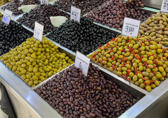 fresh Various olives at a Greek weekly market