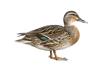 Fototapeta premium Female mallard duck with intricate brown and tan plumage patterns and dark beak, isolated on a transparent background