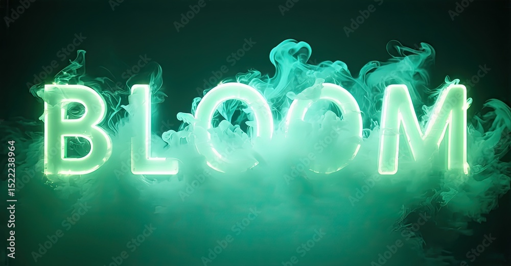 Poster bright neon text spells bloom. turquoise smoke swirls around glowing letters. dark background create