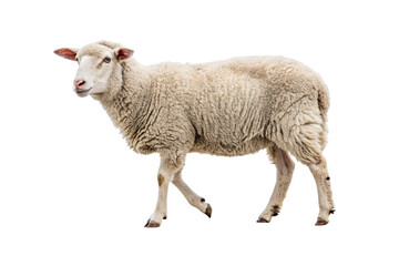 Obraz premium White woolly sheep walking forward with thick curly fleece covering body, isolated on a transparent background