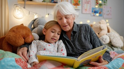 In a warm bedroom, a grandmother reads a colorful book to her granddaughter, surrounded by cozy blankets and soft toys, sharing a special bedtime moment filled with love