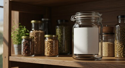 Food Storage Jars on Wooden Shelf with Blank Label