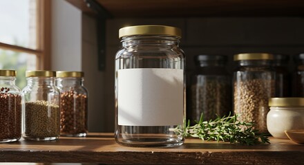 Glass Jars with Food Storage on Wooden Shelf with Herbs