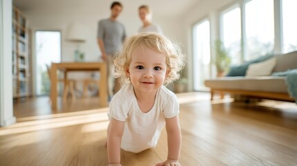 Bright sunlight fills a cozy living room as a determined toddler crawls across the wooden floor towards family members, showcasing curiosity and determination in a nurturing home
