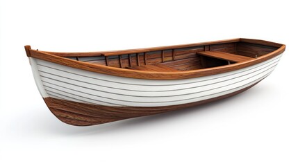 A wooden rowboat with white stripes and wooden seating, floating on a white background.