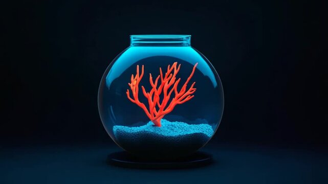 Vibrant coral centerpiece in a glass bowl with blue lighting and textured sand base