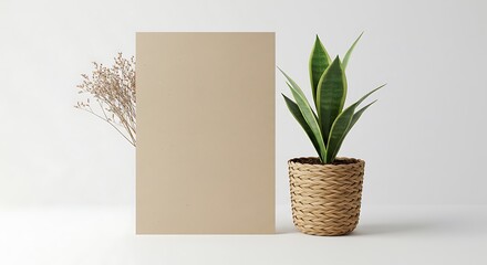Neutral Beige Mockup Blank Canvas with Potted Plant and Dried Flowers