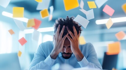 Person feeling overwhelmed by papers while seated at a desk in a busy workspace environment