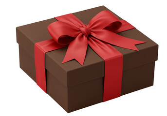 Illustration of Brown Gift Box with Red Ribbon Bow on Transparent Background