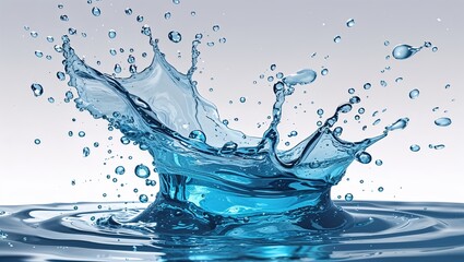 High Resolution Water Splash Photo with Crown Shape on Reflective Surface and Soft Blue Background