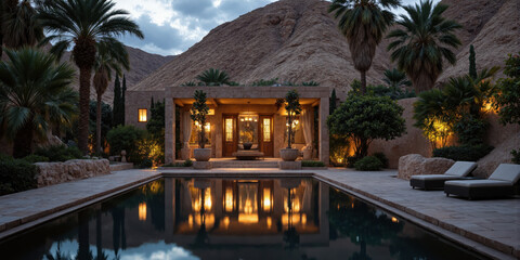 Naklejka premium Mystic Desert Oasis at Twilight A sweeping panoramic view of a hidden desert oasis surrounded by palms and lush greenery