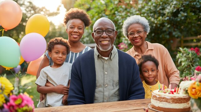 Four generations of a Black family gather in a beautiful garden, celebrating together with smiles, balloons, and a cake adorned with candles, highlighting their strong family bonds - Powered by Adobe