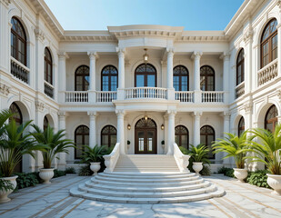 A stunning white mansion surrounded by a courtyard and palm trees, showcasing elegant architecture and lush greenery.