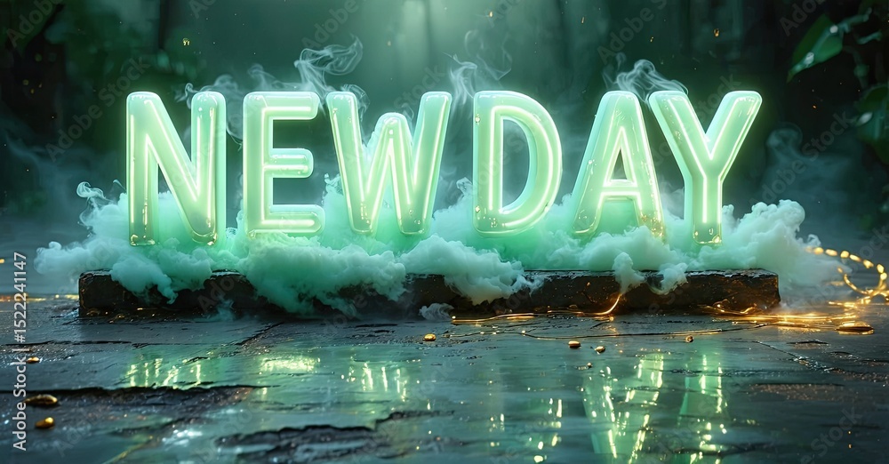 Aufkleber glowing neon text spells new day above wet surface. smoke surrounds lettering, creating dramatic eff