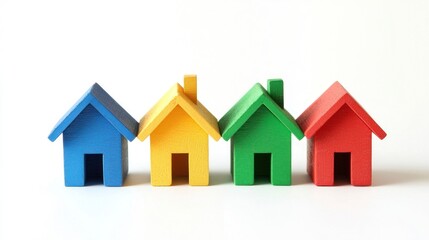 Four colorful wooden toy houses in a row on a white background.