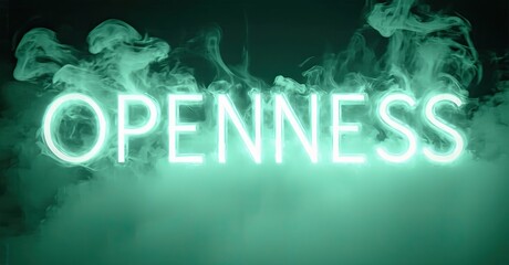 Bright neon sign displays OPENNESS amid swirling teal smoke. Dramatic lighting creates moody atmosphere. Minimalist design focuses on concept.