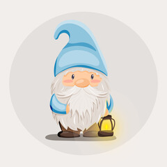 Vector illustration of a cartoon gnome with white beard, blue hat and glowing lantern. Great for kids designs, fairytales, themed stationery, games, packaging and seasonal decor