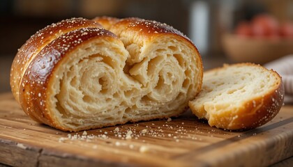 Freshly baked pretzel bread roll with a dark, glossy, crackled crust, cut open to reveal a dense, chewy interior. The bread has a soft and fluffy texture inside