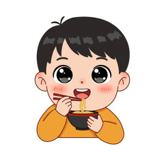Illustration Of Cute Boy Eating Delicious Ramen Noodles With Chopsticks
