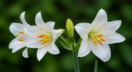 Naklejka premium Blooming White Lily Flowers Closeup Against Dark Green Backdrop