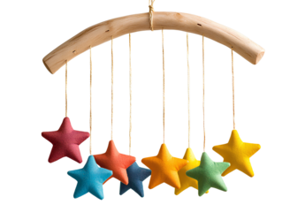 A wooden mobile with colorful stars hanging from it, a cute baby room decoration. White background. 
