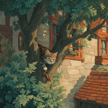 
A mischievous tabby is stranded high in an old oak tree, yowling pitifully. Describe the dramatic rescue attempt from the perspective of the nervous firefighter climbing up, focusing on the cat's wid