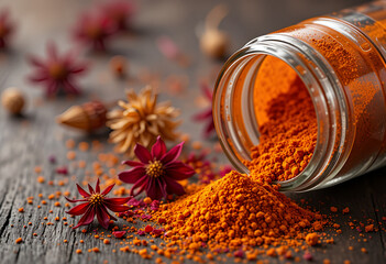 Photorealistic photo of saffron flowers and saffron powder inside a spice jar, product promotional photo mode, professional lighting