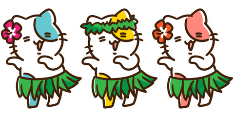 フラダンスをするかわいいねこ達のキャラクターのデフォルメイラストセット