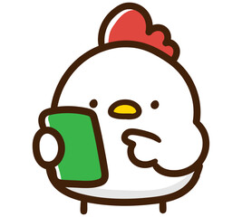 スマホ画面を見て操作するかわいいにわとりのキャラクターのデフォルメイラスト