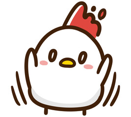 びっくりして両手を上げて驚くかわいいにわとりのキャラクターのデフォルメイラスト