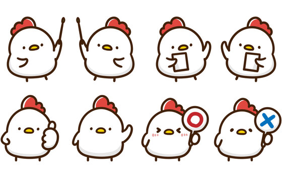 色々なポーズをするかわいいにわとりのデフォルメイラストセット