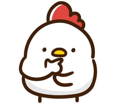 腕を組んで何かを考えるかわいいにわとりのキャラクターのデフォルメイラスト