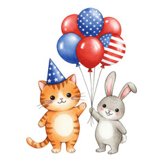 Illustration of Patriotic Balloons with Cat and Rabbit Celebration Party