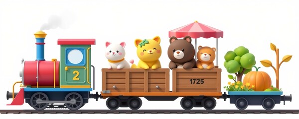 Obraz premium A charming toy train with a teddy bear, isolated on a white or wooden background, makes a perfect holiday gift for a child