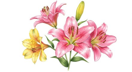 Obraz premium Floral Arrangement with Pink and Yellow Lilies on White