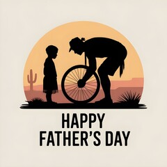 Happy Fathers Day Bold Silhouette of Dad Fixing Bicycle with Child Watching


