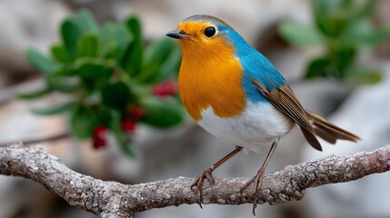 Fototapeta premium Blue and orange bird is perched on a branch. The bird is small and has a bright coloration. Concept of peace and tranquility, as the bird is alone and not interacting with any other birds or animals