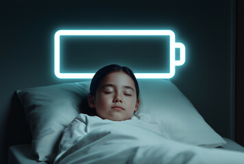 A girl sleeping in bed with a glowing empty battery icon above her head, rest and recharge energy concept