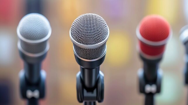 Three microphones in a row, with a colorful background.