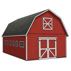 Illustration Of Red Barn Farm Building In Countryside Isolated Background