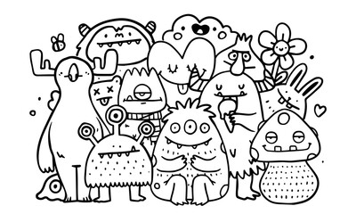 Doodle monster. Icon fun magic creature. Graphic scary. Boo creepy, evil horror. Line alien graphic background, silhouette sketch drawn. Color page template. Vector cartoon isolated illustration