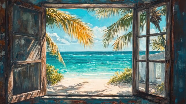 Serene Tropical Coastal View Through a Rustic Window Framed by Palms Overlooking a Sandy Beach and Clear Blue Ocean Under Bright Clouds
