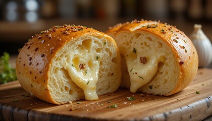 Freshly baked cheesy garlic bread roll with a golden, bubbly crust, cut open to reveal melted mozzarella and roasted garlic. The bread has a soft and savory texture inside, placed on a rustic wooden c