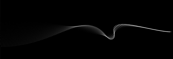 Flowing dots particles wave pattern white light gradient smooth curve shape isolated on black background. Vector in concept of technology, science, music, modern.