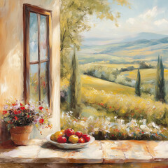 Illustration of a view of  the Tuscany